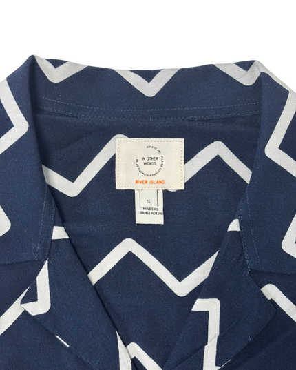 River Island Navy Blue Zig-Zag Print Cuban Collar Short Sleeve Shirt - M