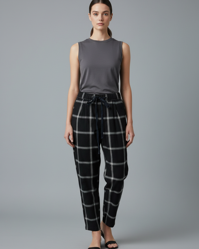 American Eagle Black Plaid Tapered Drawstring Pants