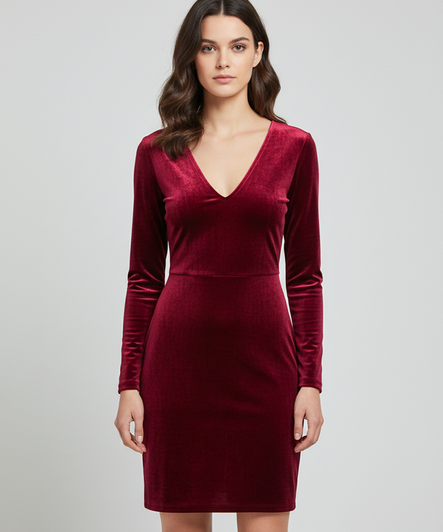 H&M Divided Burgundy Velvet V-Neck Long Sleeve Mini Dress