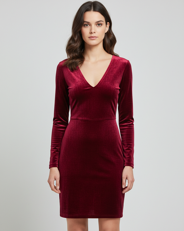 H&M Divided Burgundy Velvet V-Neck Long Sleeve Mini Dress