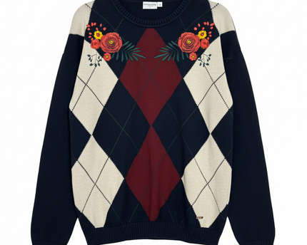 U.S. Polo Assn. Navy Blue Argyle Floral Embroidered Sweater