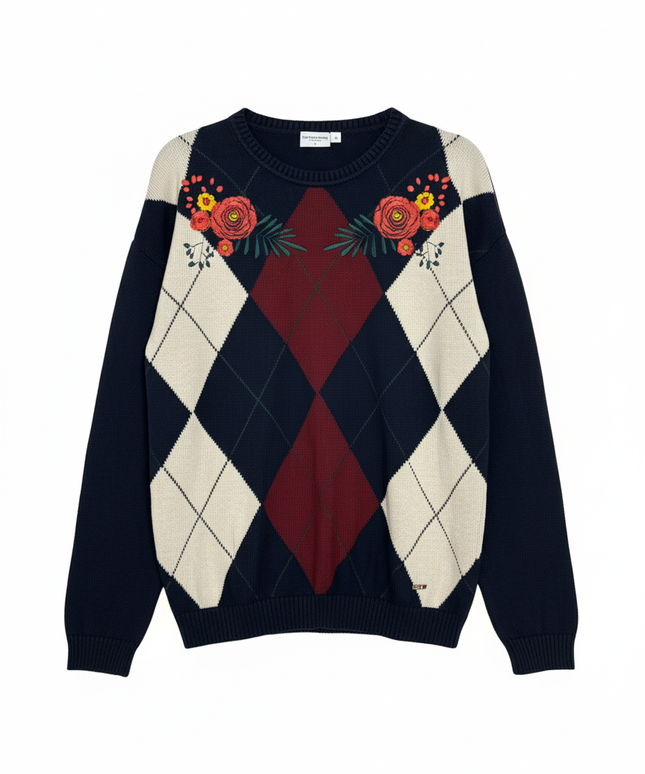 U.S. Polo Assn. Navy Blue Argyle Floral Embroidered Sweater
