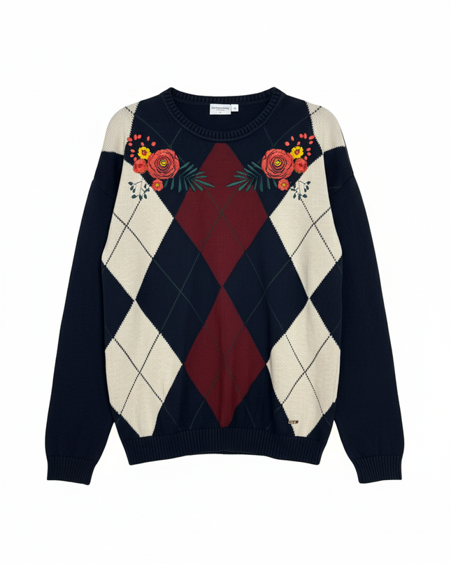 U.S. Polo Assn. Navy Blue Argyle Floral Embroidered Sweater