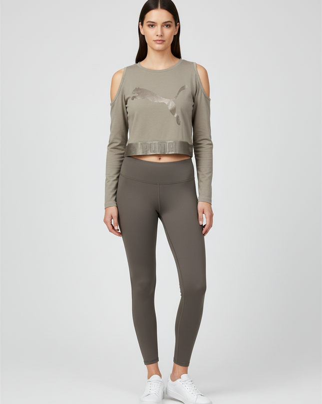 Puma Olive Cold-Shoulder Long Sleeve Crop Top
