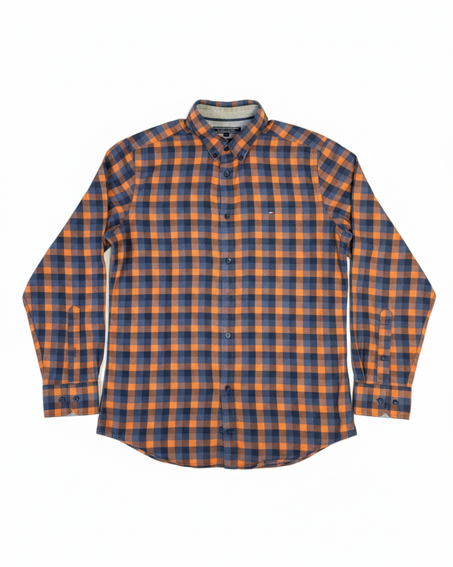 Tommy Hilfiger Orange/Blue Checkered Slim Fit Button-Down Shirt