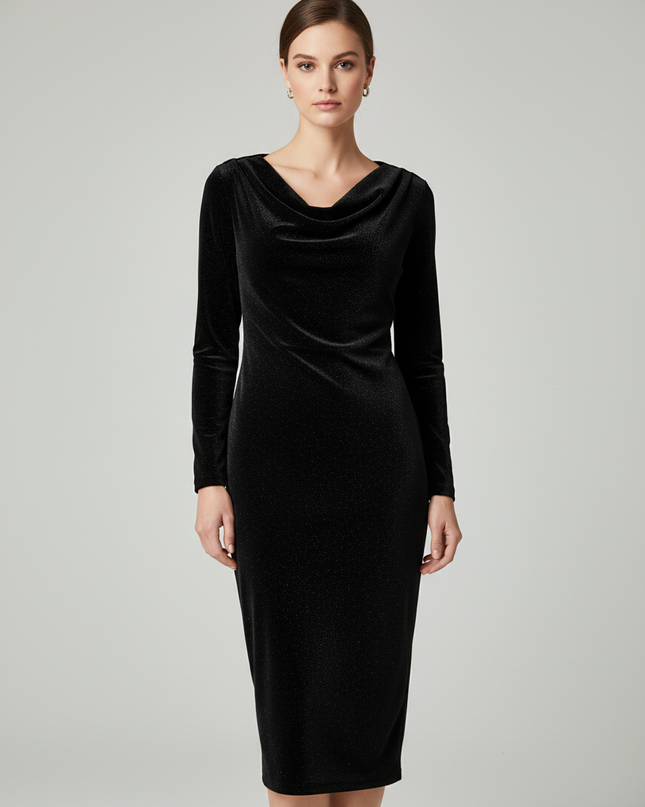 Dorothy Perkins Black Shimmer Velvet Draped Neck Midi Dress