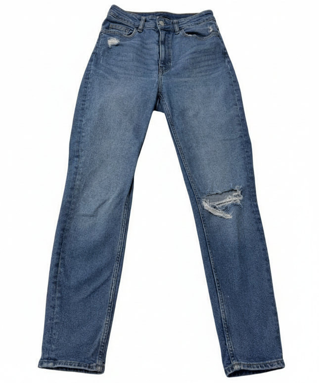 H&M High Rise Distressed Straight Leg Blue Denim Jeans