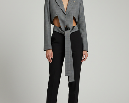 Royaled Grey Cropped Tie-Front Plaid Blazer