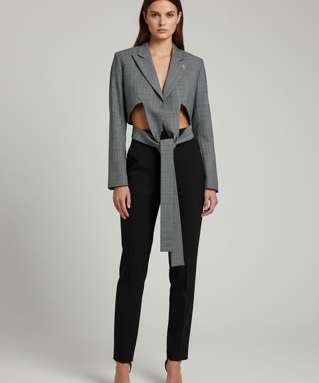Royaled Grey Cropped Tie-Front Plaid Blazer