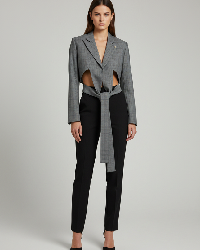 Royaled Grey Cropped Tie-Front Plaid Blazer