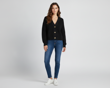 H&M Black Rib-Knit V-Neck Cropped Cardigan