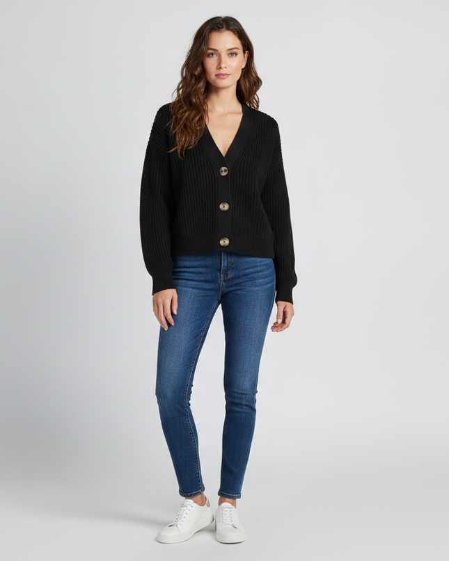 H&M Black Rib-Knit V-Neck Cropped Cardigan