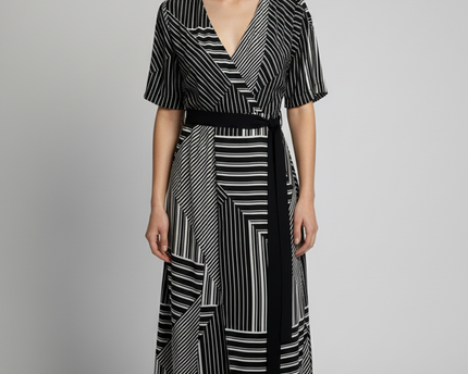 River Island Black and White Geometric Striped Wrap Midi Dress