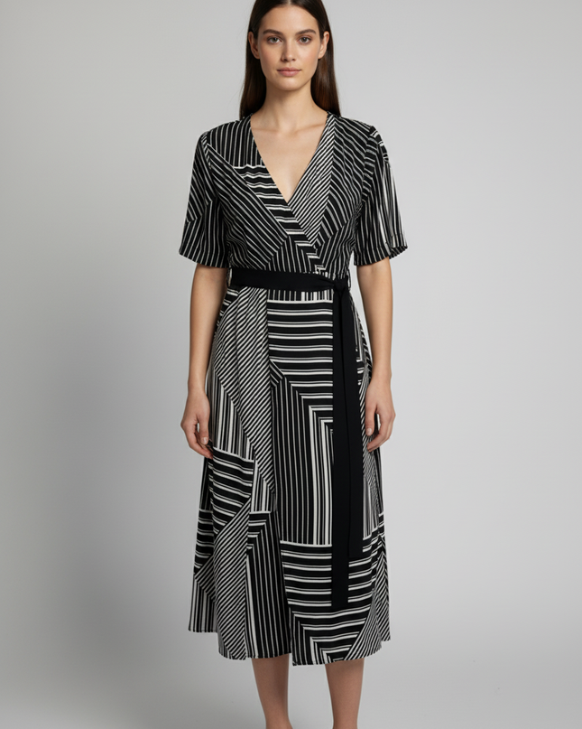 River Island Black and White Geometric Striped Wrap Midi Dress