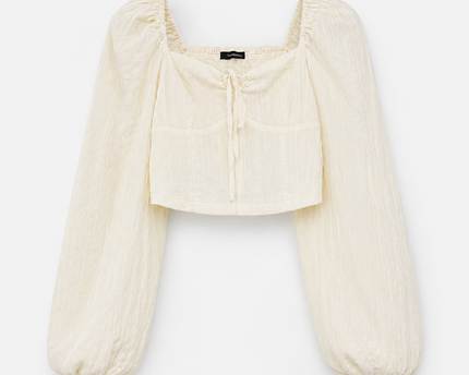 Forever 21 Cream Textured Cropped Long Sleeve Crop Top