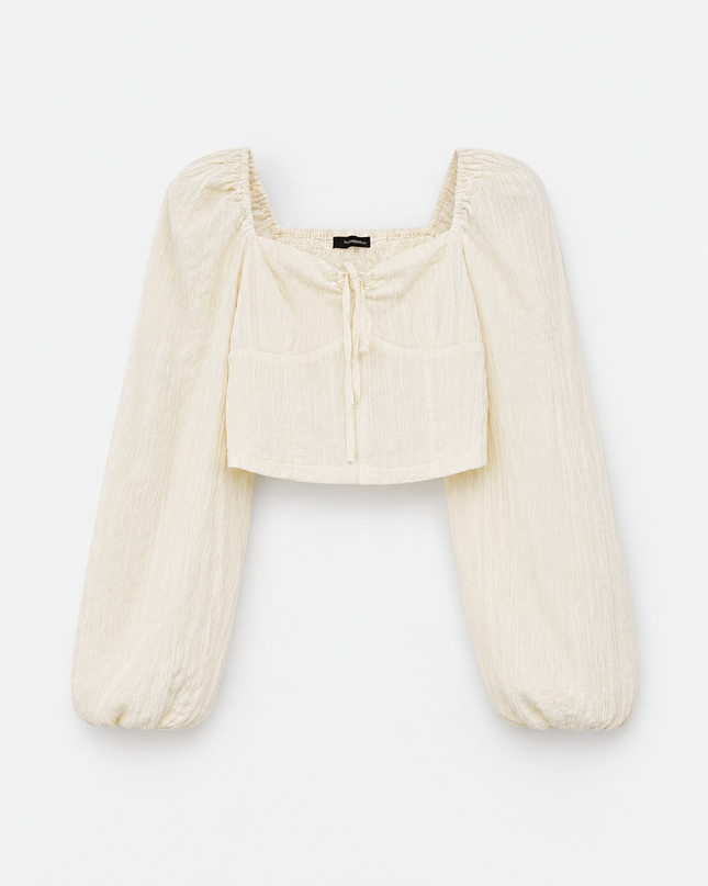 Forever 21 Cream Textured Cropped Long Sleeve Crop Top
