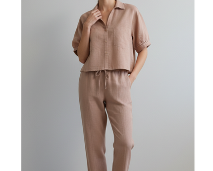 LNIN Dusty Rose Linen-Blend Cropped Camp Collar Shirt & Split-Hem Trousers Suit