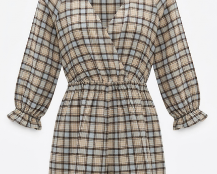 Zara Plaid V-Neck Long Sleeve Romper