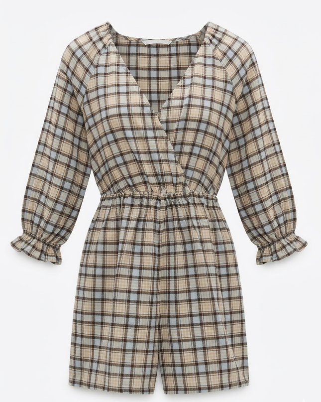 Zara Plaid V-Neck Long Sleeve Romper