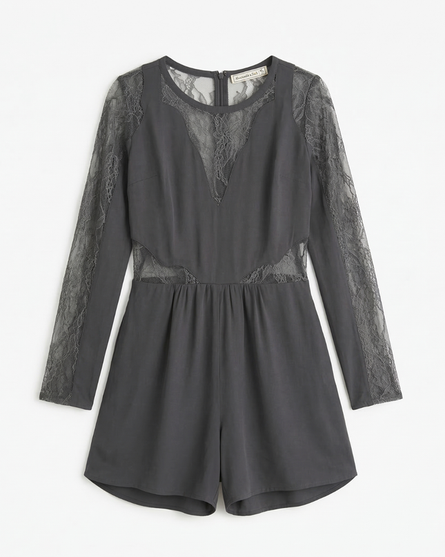 Abercrombie & Fitch Dark Grey Long Sleeve Lace Romper