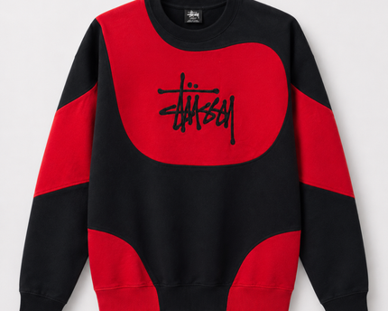 Stussy Black/Red Panelled Logo Graphic Crewneck Sweatshirt