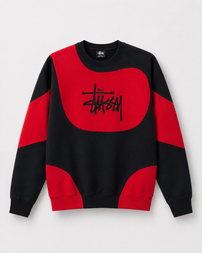 Stussy Black/Red Panelled Logo Graphic Crewneck Sweatshirt