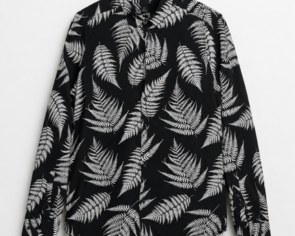 H&M Black Fern Leaf Print Long Sleeve Button Down Shirt
