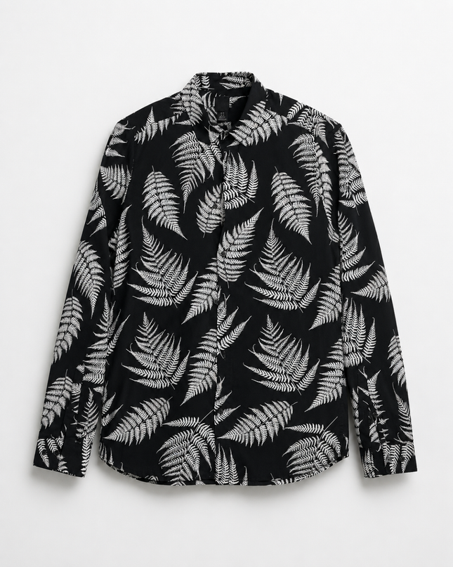 H&M Black Fern Leaf Print Long Sleeve Button Down Shirt