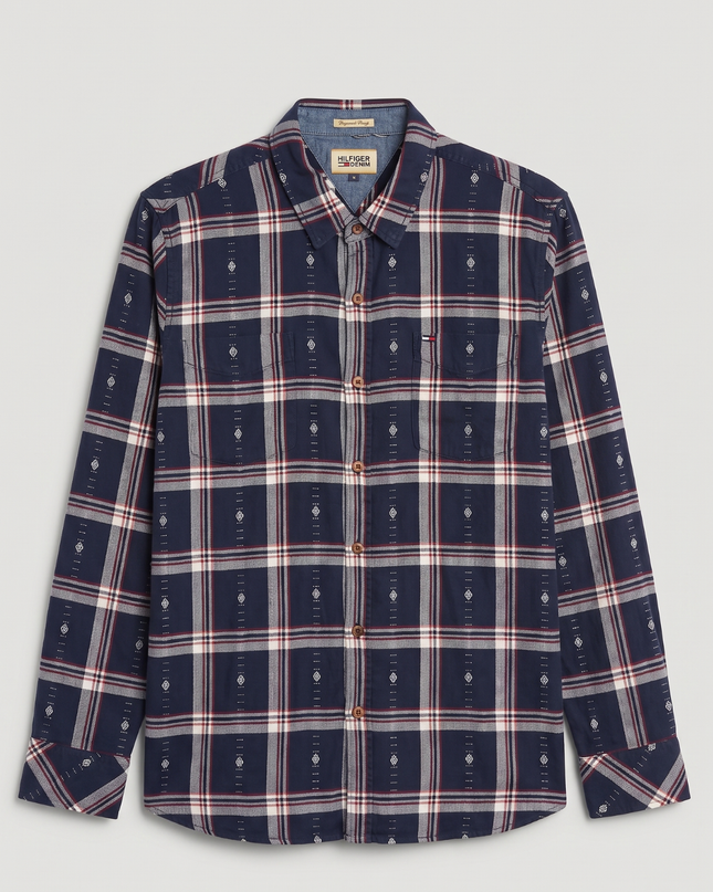 Hilfiger Denim Navy Blue Plaid Long Sleeve Button-Down Shirt