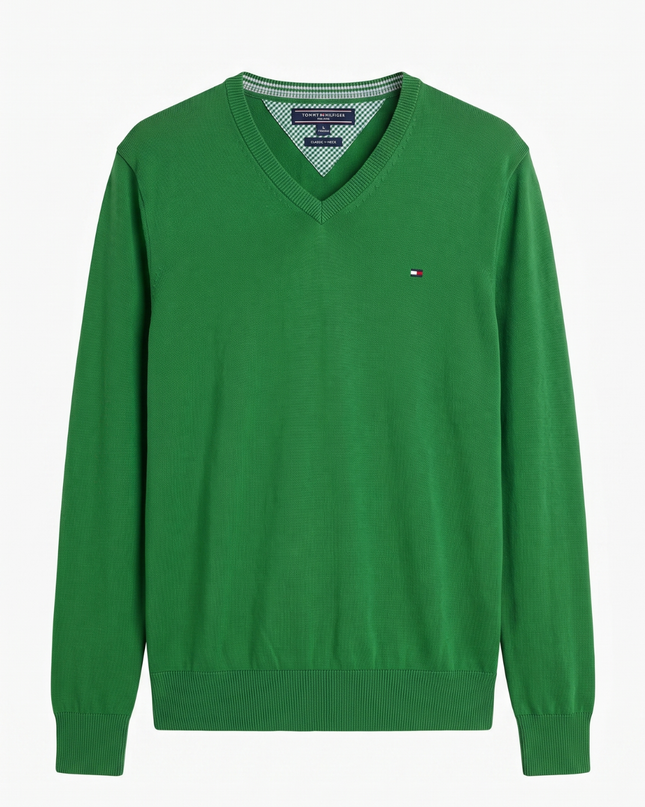 Tommy Hilfiger Green V-Neck Premium Cotton Sweater