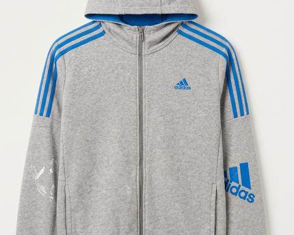Adidas Grey Full-Zip 3-Stripe Hoodie