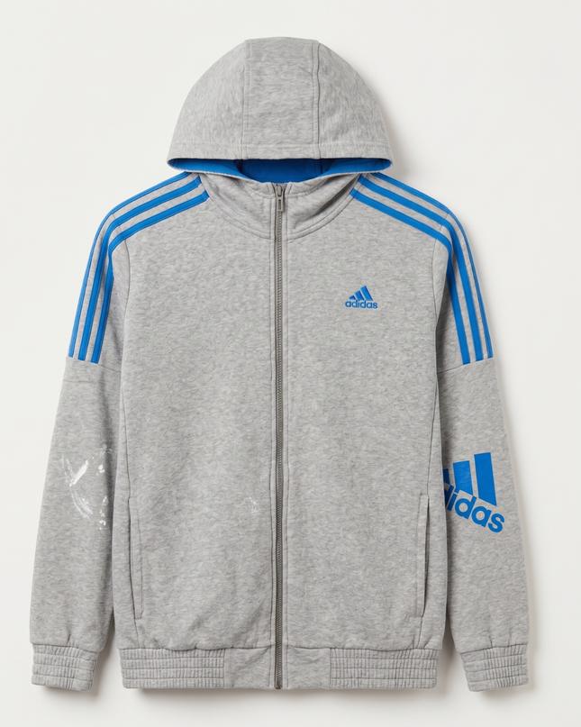 Adidas Grey Full-Zip 3-Stripe Hoodie