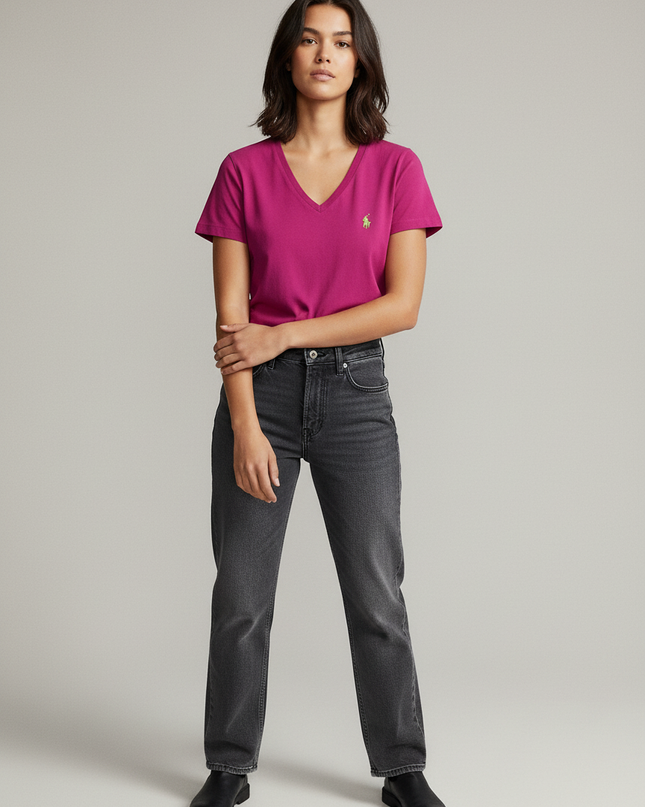 Ralph Lauren Sport V-Neck Embroidered Polo Pony Pink T-Shirt