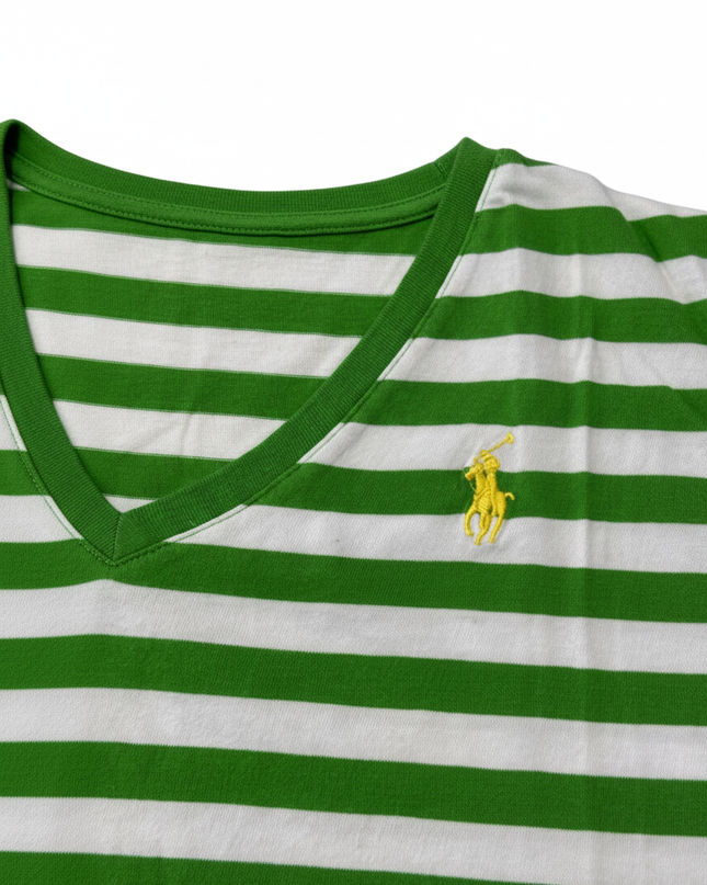 Ralph Lauren V-Neck Striped Green & White T-Shirt