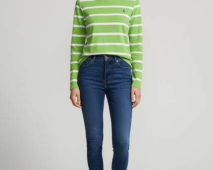 Ralph Lauren Sport Green & White Striped Cotton Long-Sleeve T-Shirt