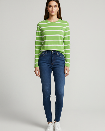 Ralph Lauren Sport Green & White Striped Cotton Long-Sleeve T-Shirt