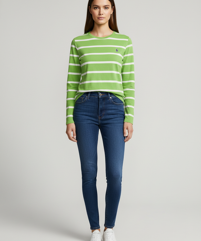 Ralph Lauren Sport Green & White Striped Cotton Long-Sleeve T-Shirt