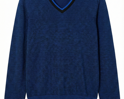 Burberry London Blue V-Neck Striped Cotton Sweater