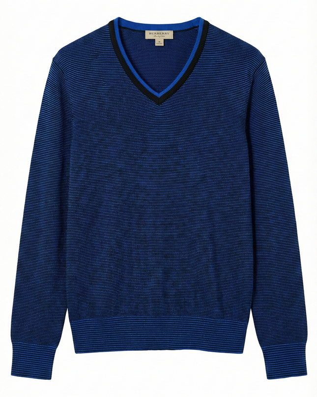Burberry London Blue V-Neck Striped Cotton Sweater