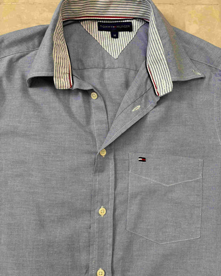 Tommy Hilfiger Chambray Gray Shirt with Striped Inner Collar - M