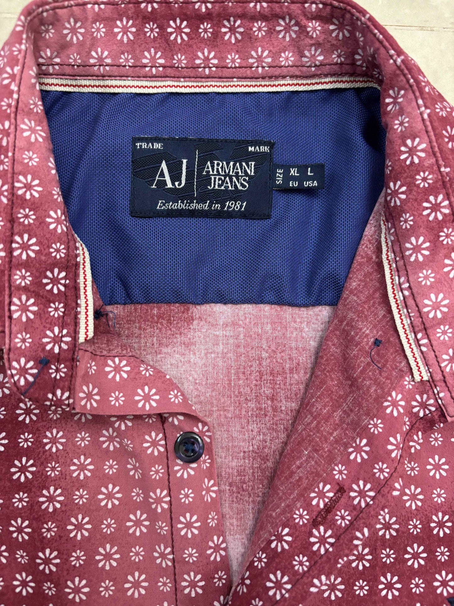 Armani Jeans Micro Daisy Print Burgundy Button-Up Shirt - M