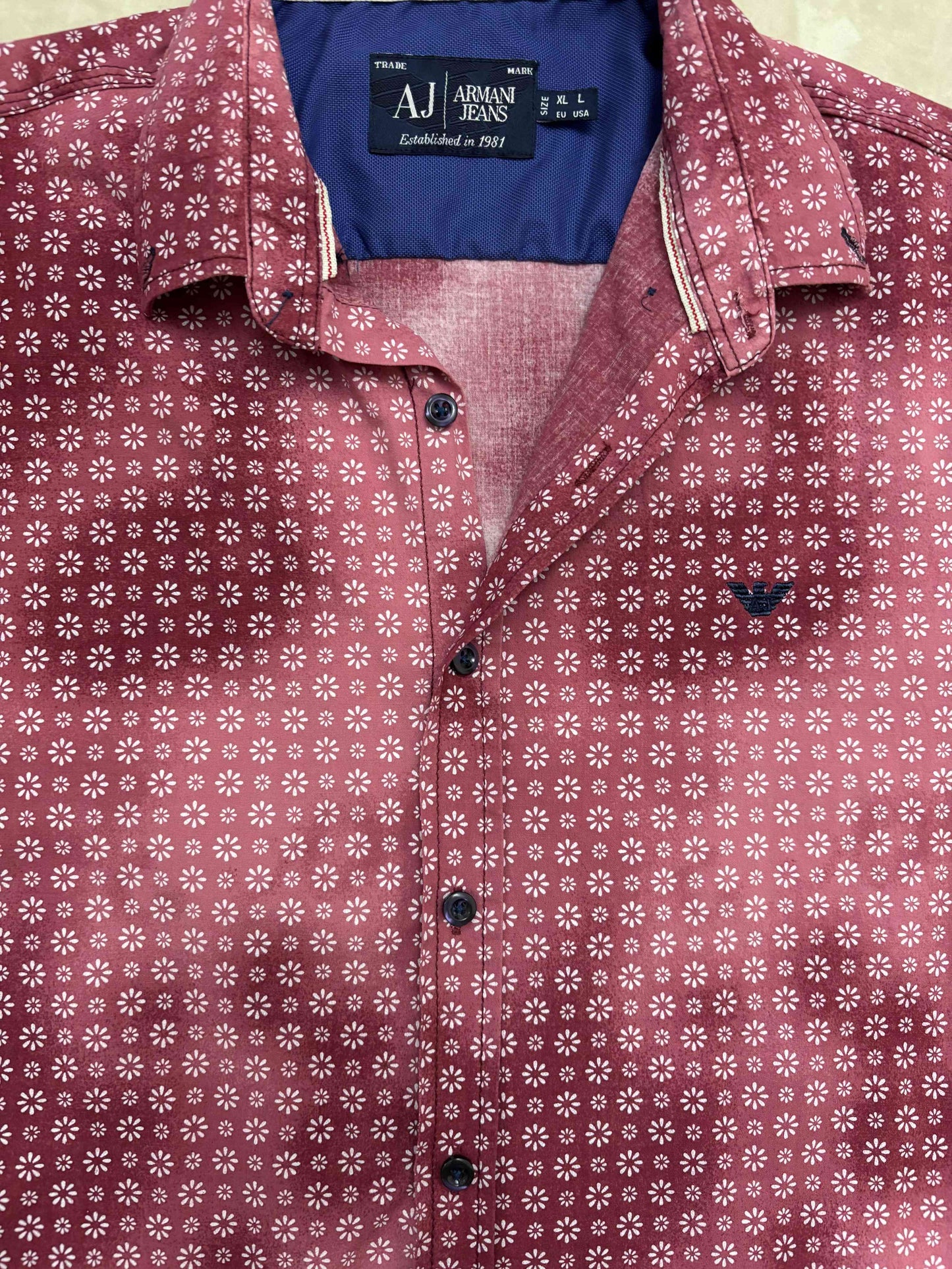 Armani Jeans Micro Daisy Print Burgundy Button-Up Shirt - M