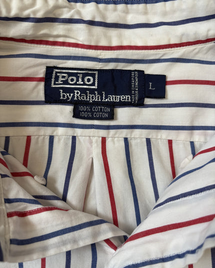 Ralph Lauren Red & Navy Blue Vertical Striped White Polo Shirt - L