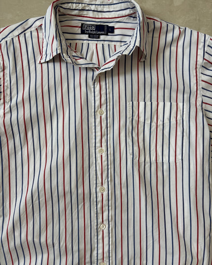 Ralph Lauren Red & Navy Blue Vertical Striped White Polo Shirt - L