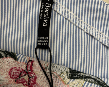 Bershka Striped Floral Embroidered Asymmetrical Blue Top - L