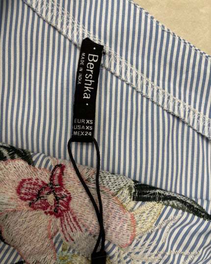 Bershka Striped Floral Embroidered Asymmetrical Blue Top - L