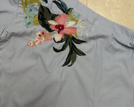 Bershka Striped Floral Embroidered Asymmetrical Blue Top - L