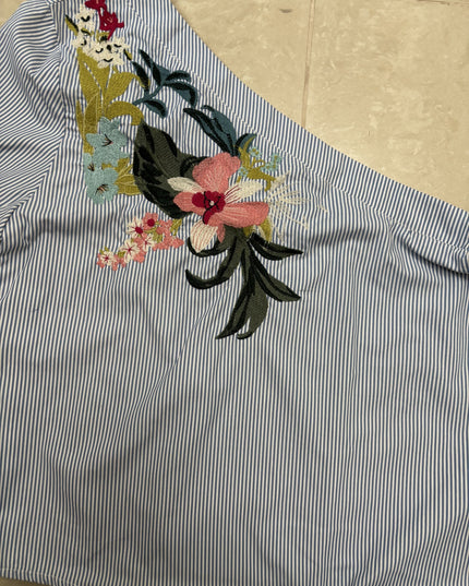 Bershka Striped Floral Embroidered Asymmetrical Blue Top - L