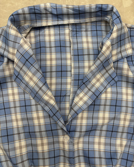 Plaid Blue & White Button-Down Crop Shirt - XS