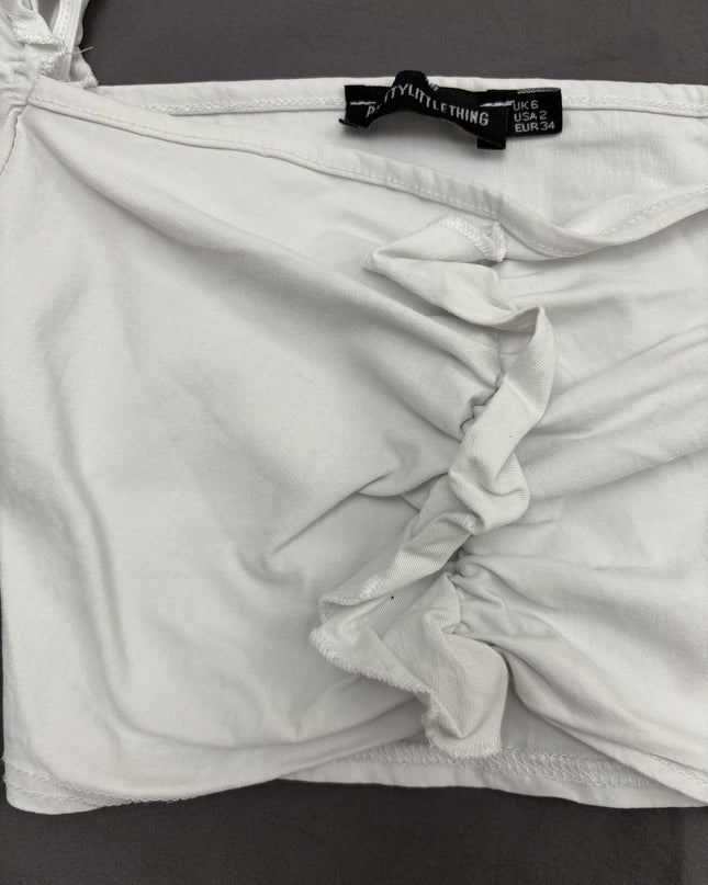 Pretty Little Thing White Ruched Front Long Sleeve Crop Top - XS